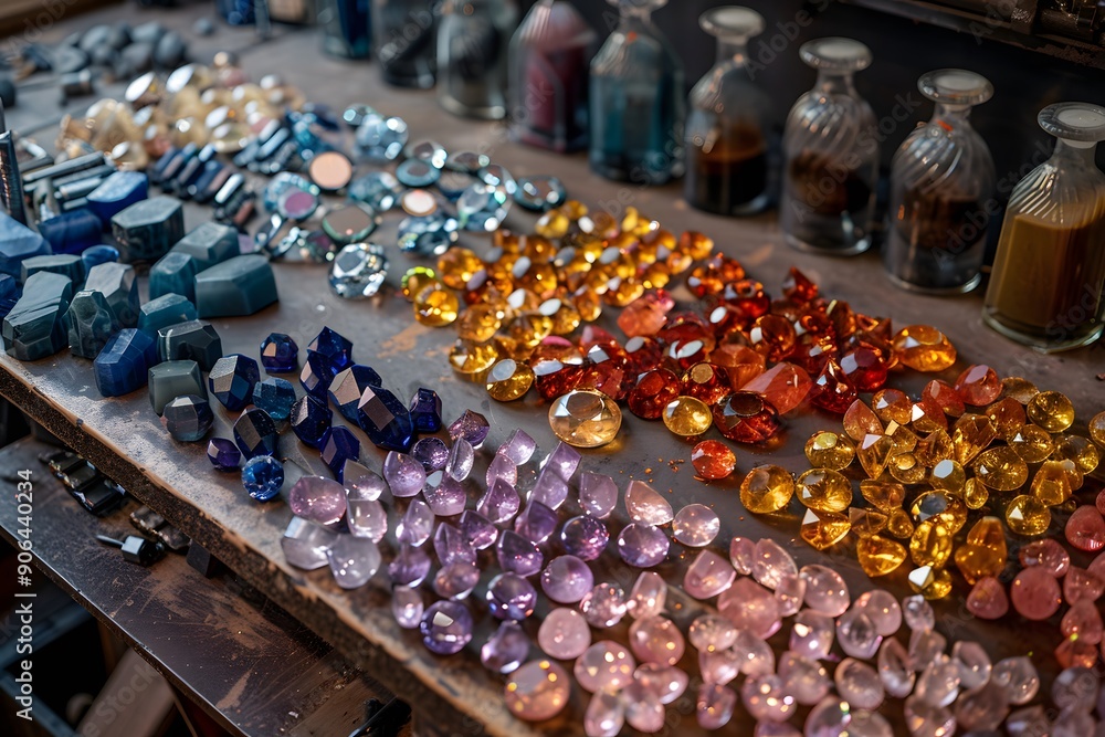 Poster a colorful display of sparkling gems and crystals on a wooden table