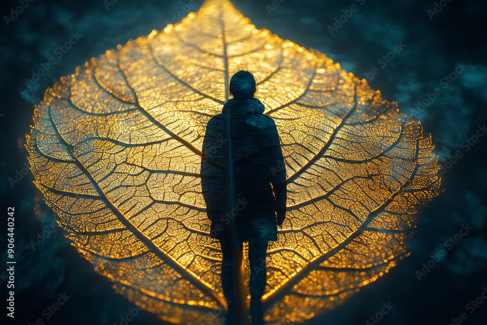 Poster minimalist representation of a modelâ€™s shadow cast on a giant leaf with golden veins, creating a s