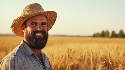Fototapeta premium Smiling bearded farmer in a straw hat standing in a golden wheat field under a clear sky. Perfect for agricultural advertisements, rural lifestyle features, and farming blogs