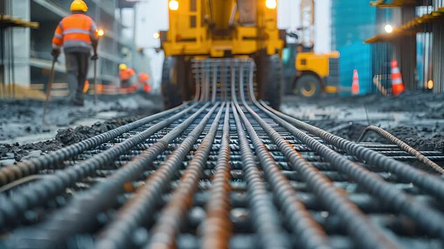 Reinforced steel mesh laid out on a concrete construction site, with a construction worker and machinery in the background.