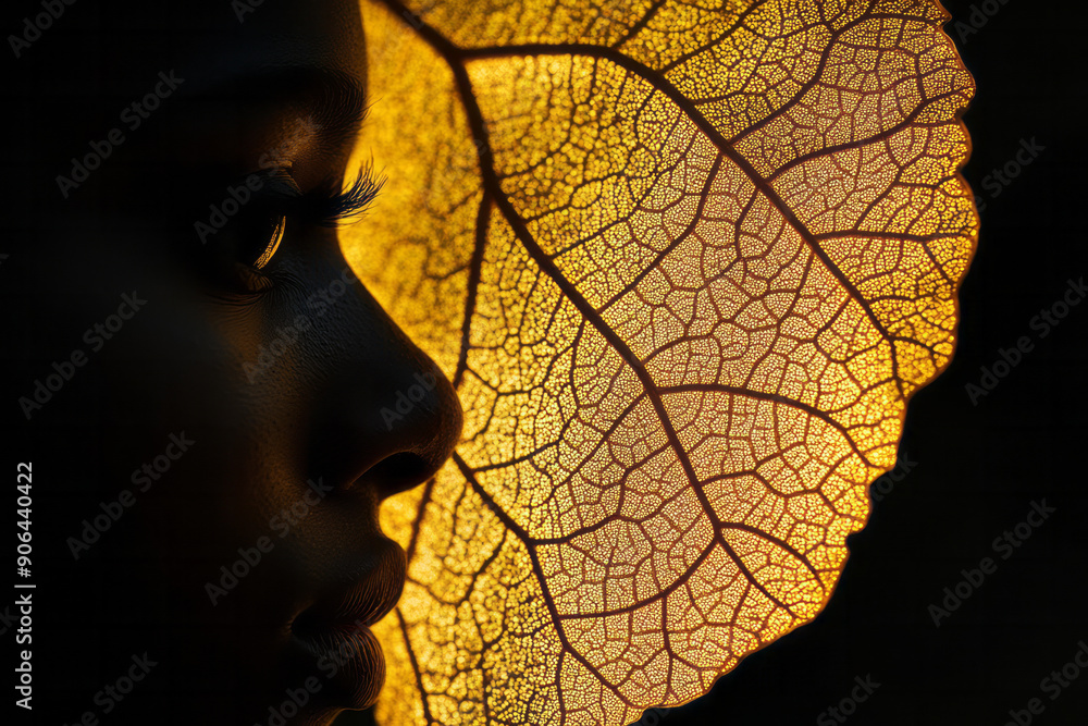 Poster minimalist representation of a modelâ€™s shadow cast on a giant leaf with golden veins, creating a s