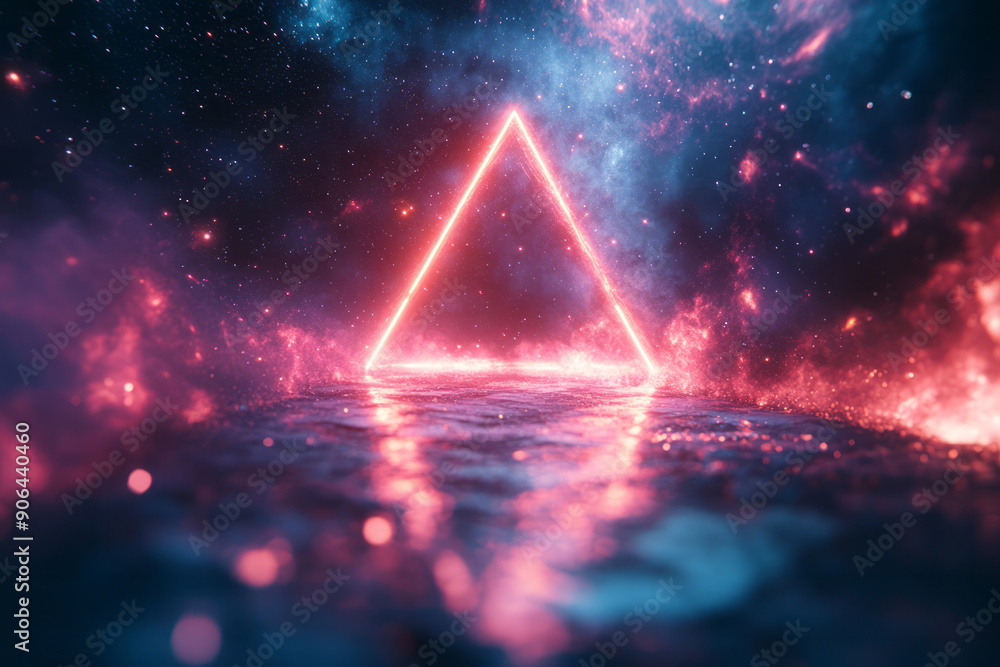 Poster futuristic image of neon triangles forming a spiral pattern in space, with a starry background enhan