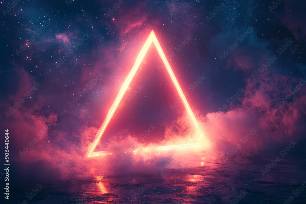 Poster minimalist composition of a single neon triangle radiating light, set against a backdrop of countles