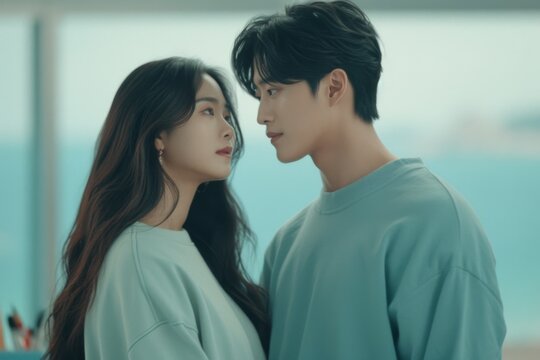 Romantic Asian Couple Gazing into Each Other's Eyes in Soft Light