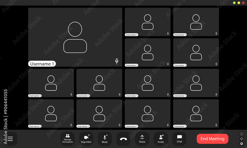 Poster virtual meeting interface displaying multiple user profiles and empty video feeds during online conf