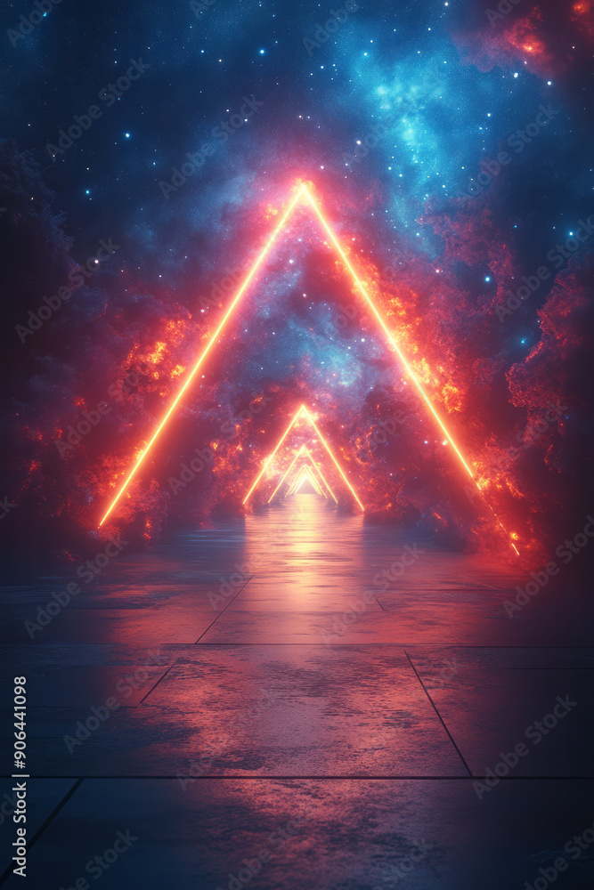 Poster artistic composition of neon triangles arranged in a celestial pattern, illuminated by the surroundi