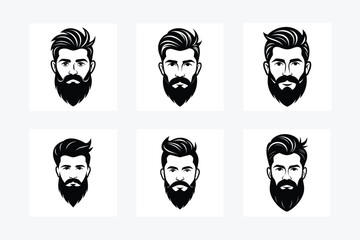 Set of Bearded man's face vector silhouette with white background