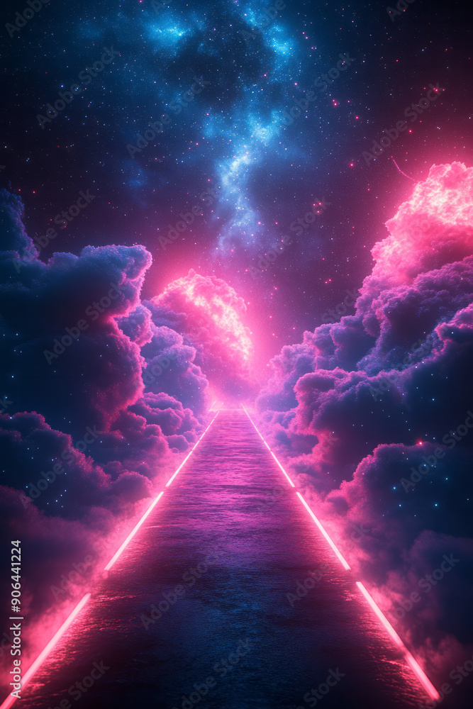 Poster elegant scene with neon triangles casting reflections on the cosmic environment, highlighted by the 