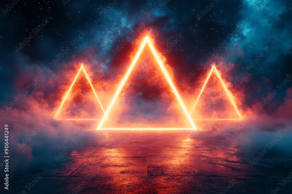 Aufkleber dynamic representation of neon triangles converging in space, creating a vibrant display against the