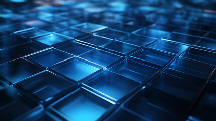 A blue and white image of a room with a black floor. The floor is covered in a grid of squares