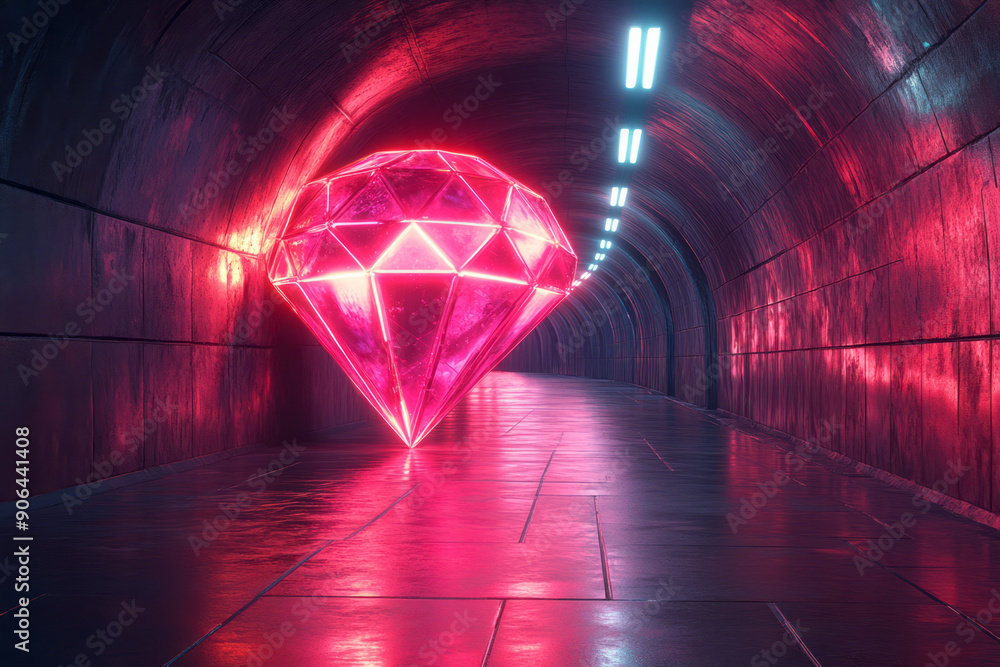 Poster minimalist design of a neon diamond tunnel with glowing lights, creating a mesmerizing futuristic vi