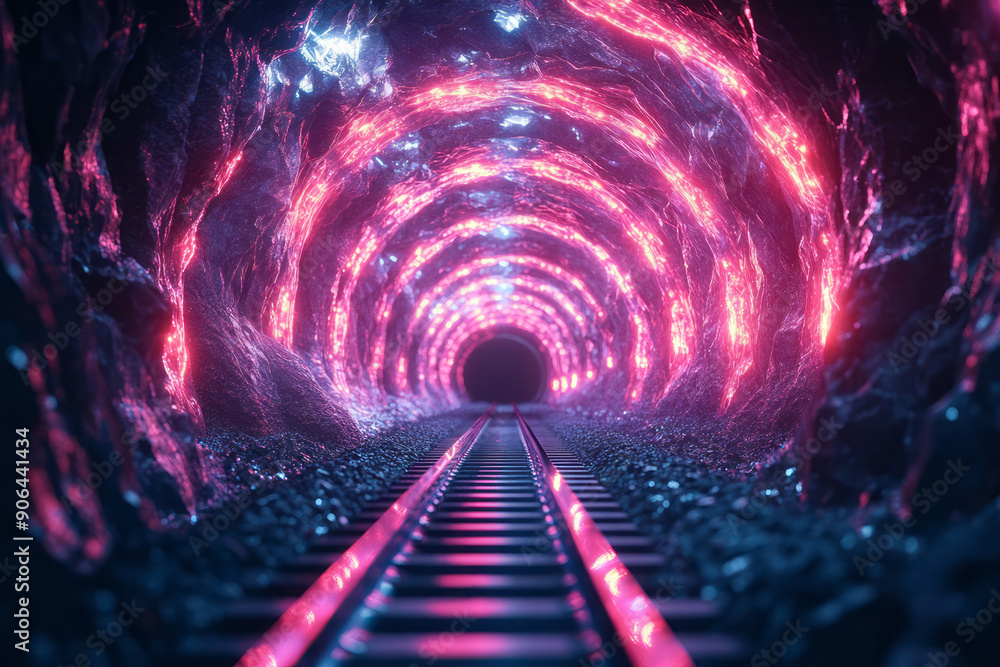 Poster surreal perspective of a neon diamond tunnel with dynamic glowing lights, creating an immersive futu
