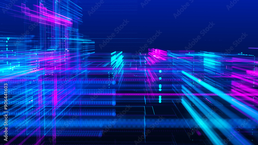 Poster abstract techno background. three-dimensional composition of intersecting multi-colored grids. infor