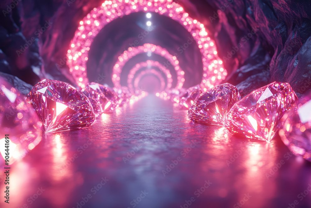 Poster artistic representation of a neon diamond tunnel with vibrant lights that pulse and shift, creating 