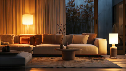 Fototapeta premium Modern Minimalist Living Room in Soft Evening Glow