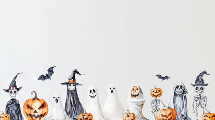 Aesthetic halloween watercolor mockup with pumpkins, ghosts, skeletons, pastel light colors and backdrop. Generative AI