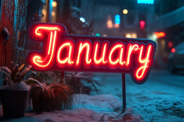 Vibrant neon January glowing brightly against a dark, starry background,