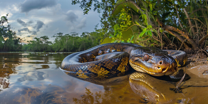 anaconda snake resting  at lake water in rainforest background