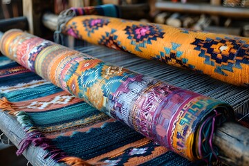 Fototapeta premium Vibrant Handwoven Textiles Showcasing Intricate Patterns and Colors