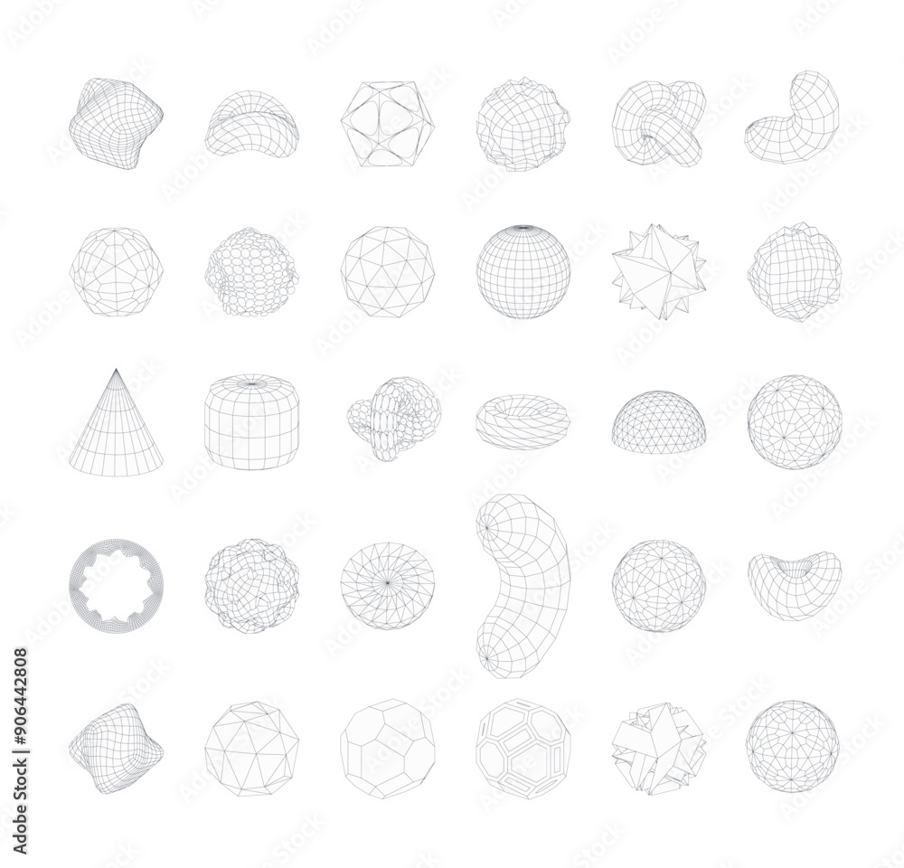 Poster collection of abstract geometric wireframe y2k shapes. abstract futuristic design.