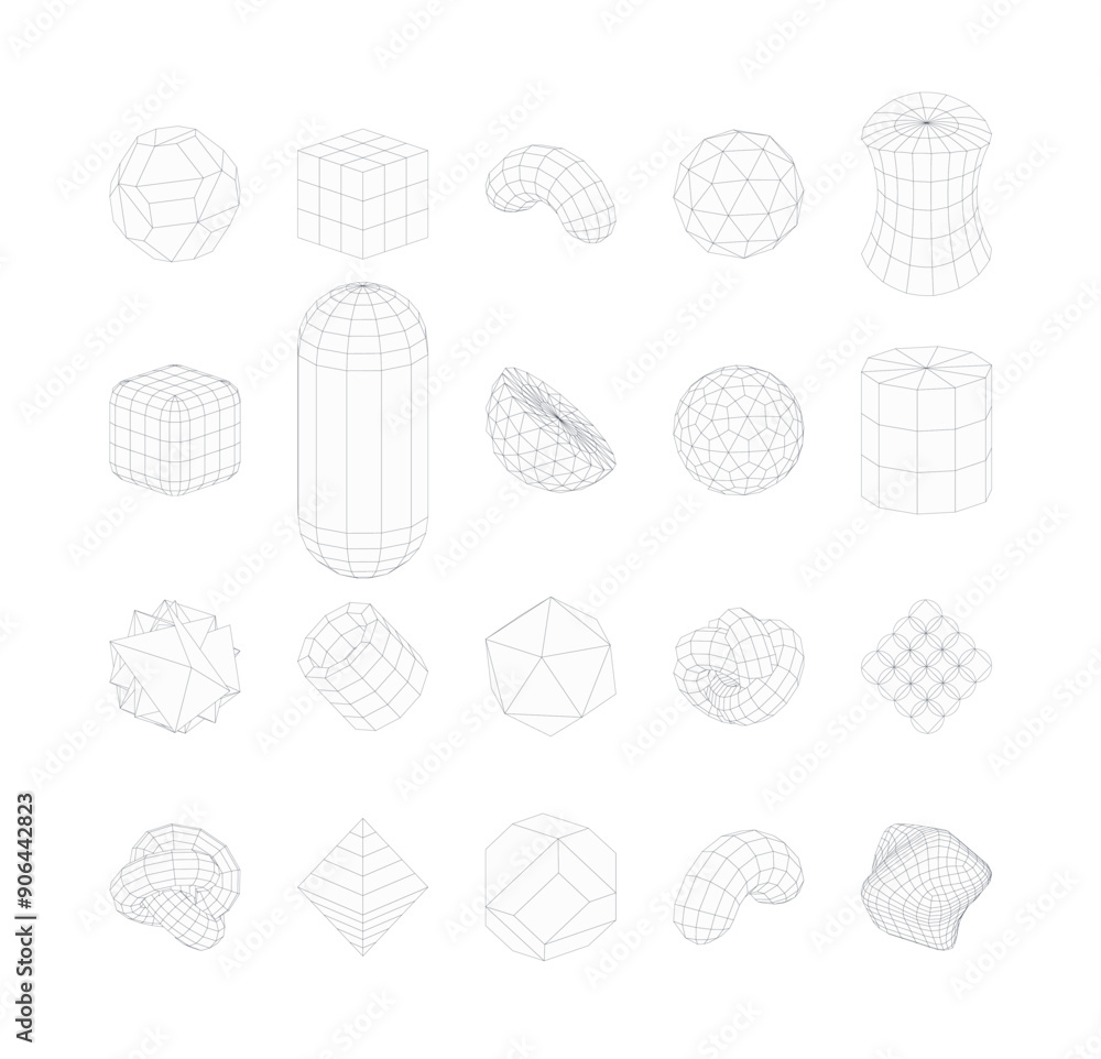Poster collection of abstract geometric wireframe y2k shapes. abstract futuristic design.