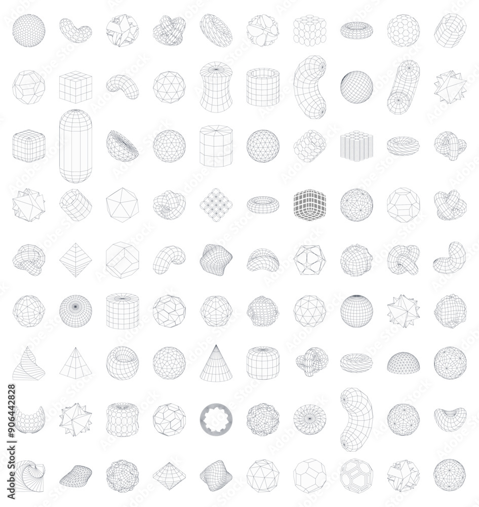 Poster collection of abstract geometric wireframe y2k shapes. abstract futuristic design.