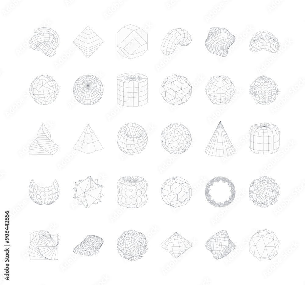 Poster collection of abstract geometric wireframe y2k shapes. abstract futuristic design.