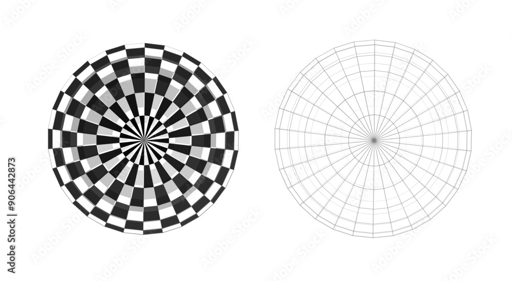 Poster spheres with checkerboard and wireframe designs optical patterns