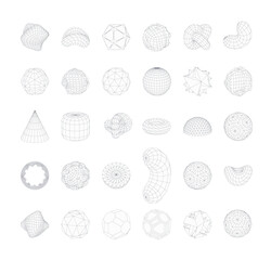 Collection of abstract geometric wireframe y2k shapes. Abstract futuristic design.