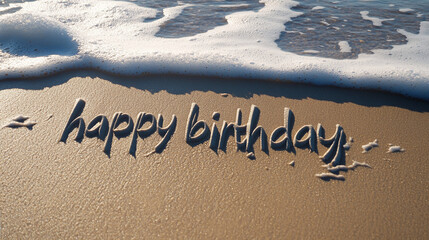 Fototapeta premium Happy birthday words on the beach with foam waves in the sand.