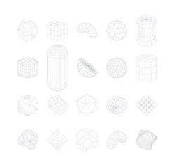Collection of abstract geometric wireframe y2k shapes. Abstract futuristic design.