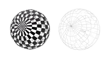 Spheres with checkerboard and wireframe designs