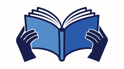 A clean, minimalist icon of an open book held by hands, designed in shades of blue. Perfect for digital interfaces, educational applications, and website graphics.
