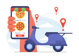 Fast food delivery. Hand with smartphone near scooter. Online shopping and ecommerce, express delivery. Purchase of takewawy eating on internet. Flat vector illustration