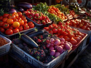 Market stalls with a variety of fresh vegetables and fruits, Realism, Soft hues, Photography