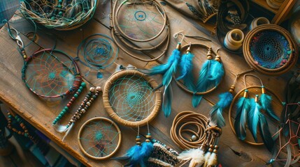 Fototapeta premium A wooden table is filled with colorful supplies for crafting dreamcatchers, showcasing various materials and vibrant feathers in a creative workspace