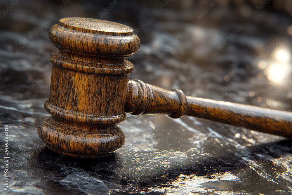 Poster elegant image of a simple gavel on a polished surface, with soft shadows creating depth,