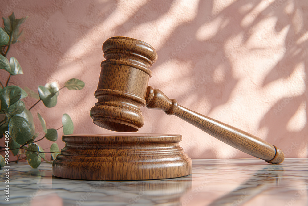 Poster elegant image of a simple gavel on a polished surface, with soft shadows creating depth,