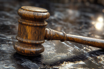 Elegant image of a simple gavel on a polished surface, with soft shadows creating depth,