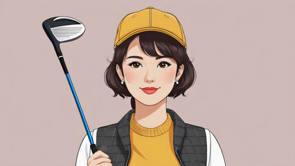A female golfer with a club, wearing a yellow cap, isolated, plain background