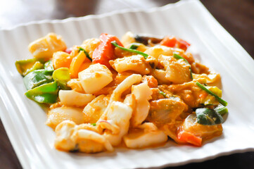 stir fried squid with vegetable, curry squid or squid salad