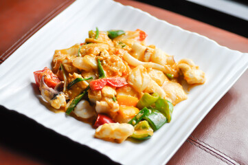 stir fried squid with vegetable, curry squid or squid salad