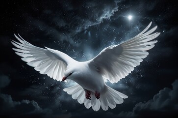 Fototapeta premium A majestic white dove soaring through a sea of darkness, its feathers glistening in the moonlight.
