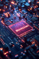 Obraz premium Elegant neon Blockchain script glowing softly on a dark, financial-themed background,