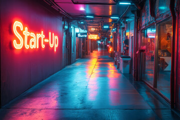 Fototapeta premium Dynamic neon Start-Up with colorful light trails on a dark, entrepreneurial backdrop,