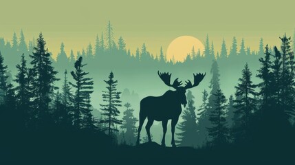 Minimalism illustration, silhouette of a moose standing in a boreal forest with coniferous trees, flat illustration on dark green background, empty copy space, lofi style illustration