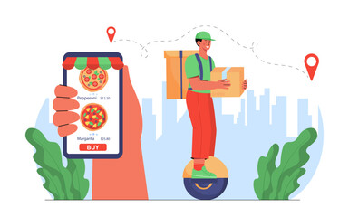 Fast food delivery. Hand with smartphone near courier. Online shopping and ecommerce, express delivery. Purchase of takewawy eating on internet. Retail and commerce. Flat vector illustration