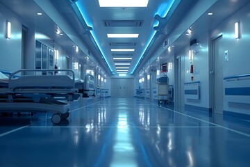 Modern Hospital Corridor with Blue Lighting and Medical Equipment