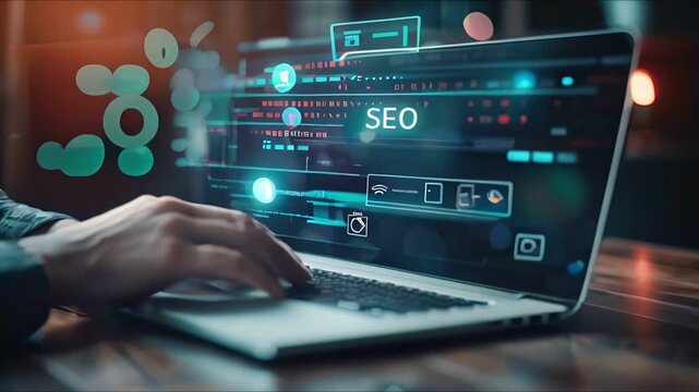 Close-up of hands typing on a laptop with "SEO" displayed on the screen.  The image represents digital marketing and optimization.