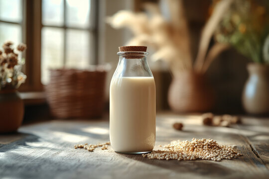 Minimalist scene featuring a bottle of spelt milk with spelt grains lightly spread in the background,